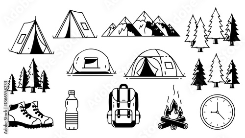 Essential camping gear illustrated isolated on white background, Vector