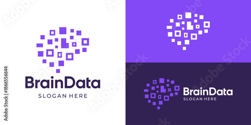 Creative simple brain data logo template. Brain pixel, data, brain digital logo design vector illustration.