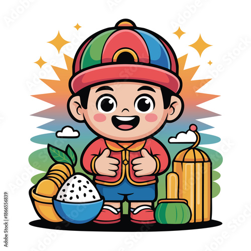 Cute cartoon boy with colorful hat, smiling and giving thumbs up, surrounded by traditional food and lantern.