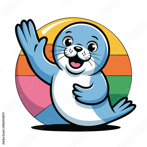 A cheerful cartoon seal with a happy expression waves its flipper against a colorful striped circular background.