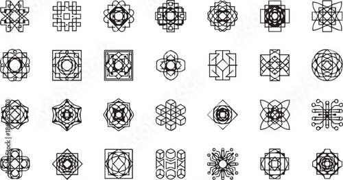Abstract Geometric Ornaments and Minimalist Line Art Icons Set for Logo Design, Branding, and Pattern Construction.