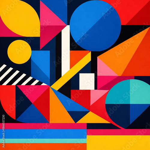 Colorful patterns with geometric shapes interacting in a bold design on a flat surface