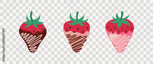 Chocolate covered strawberries. Set of isolated strawberries in white, pink and milk chocolate. Vector illustration.