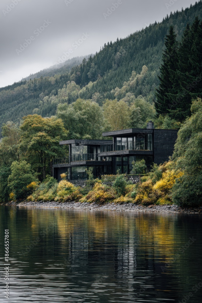 Fototapeta premium A contemporary house nestled by the serene lake, enveloped by a lush forest and majestic mountains, all beneath a blanket of overcast skies