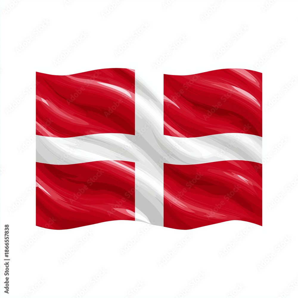 Fototapeta premium Denmark National Flag Waving Isolated on White Background, Realistic Red and White Fabric Symbolizing Scandinavian Identity, Patriotism and European Nation