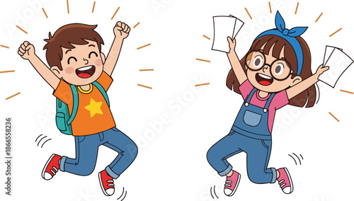 Happy school children celebrating success illustration showing joyful boy and girl jumping with books and backpack in colorful cartoon style