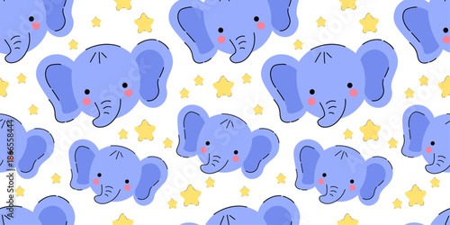 Cute baby elephant pattern with smiling blue elephants with rosy cheeks and small yellow stars on white background in playful and friendly nursery style. Perfect for children’s textiles, baby clothing