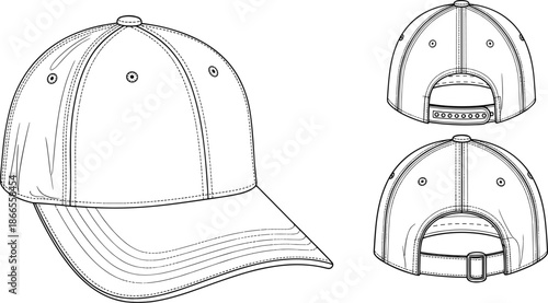 Baseball cap technical fashion illustration showing front and back views with adjustable strap details in clean black and white line art
