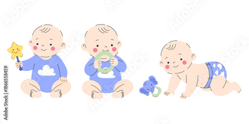 Cute baby activities set with smiling toddler in different poses, including sitting baby holding  toy, baby playing with a teether, and crawling baby in diaper. Adorable newborn characters.
