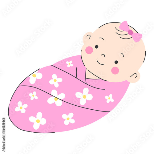Smiling newborn baby girl wrapped in pink floral swaddle blanket. Adorable infant with bow lying down comfortably. Sweet neonate isolated on white. Nursery and newborn care concept.
