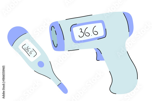 Non-contact infrared thermometer and digital electronic medical thermometer set displaying 36.6 Celsius normal body temperature. Healthcare equipment for fever measurement and diagnostic screening. 