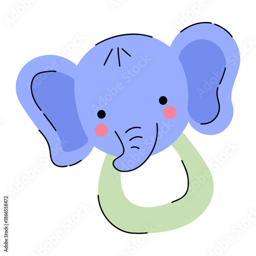 Baby elephant rattle toy with cute blue animal face, infant teething plaything for newborn motor skills development, safari nursery character. Ideal for children's product packaging.