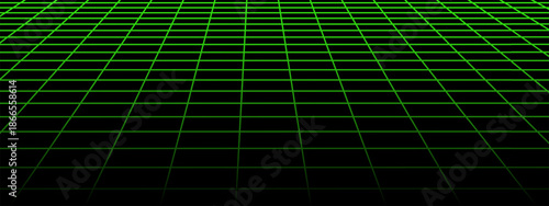 Horizontal green neon grid in perspective. Laser tile floor texture. Checkered plane pattern. Virtual reality wireframe surface. Futuristic geometric design. Mesh background. Vector ilustration