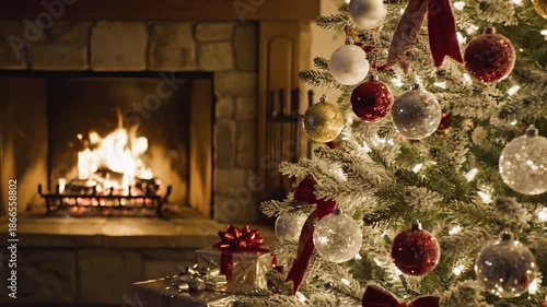 Cozy Christmas tree with fireplace glow with festive ornaments, and warm holiday eve.