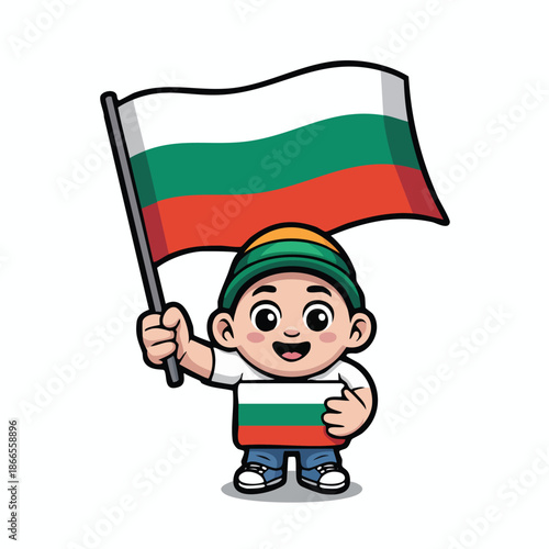 Cute cartoon boy proudly holding the national flag of Bulgaria, smiling happily.