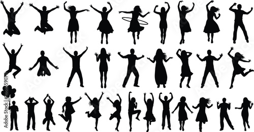 Jumping and dancing people silhouettes set, happy men women celebration poses, energetic movement concept, human figures, black silhouettes