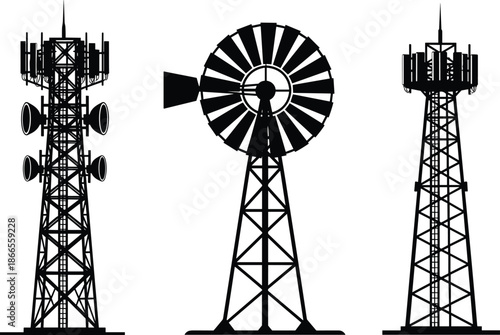 Communication tower silhouettes set, windmill and radio mast structures, technology energy infrastructure concept, black silhouettes, isolated white background, vector illustration