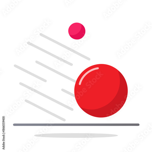 Title: A large red sphere and a smaller pink sphere with motion lines and a ground shadow