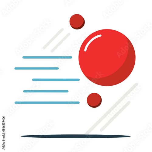 Title: A large red sphere and two smaller red spheres with motion lines and a ground shadow
