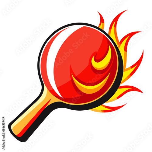 Title: A red and yellow flaming tennis racket with a black outline on a transparent background