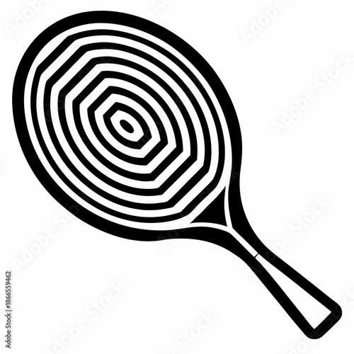 Title: A black and white of a tennis racket with a spiral pattern on the strings