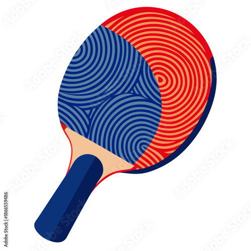 Title: Colorful circular pattern on a table tennis paddle with blue and red sections and a black