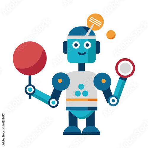 Title: Happy blue robot with orange and red details holding a red ball and a gray sign with white