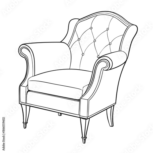 Title: A black and white line of a vintage armchair with tufted backrest and curved legs