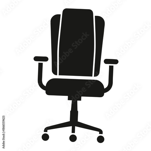 Title: Black office chair with armrests and five wheeled base on a white background