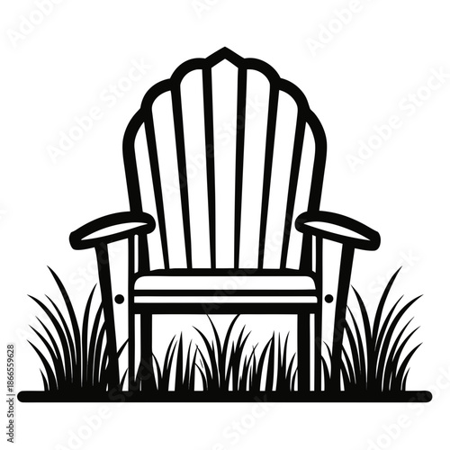 Title: A black and white line of a wooden Adirondack chair with vertical slats and curved
