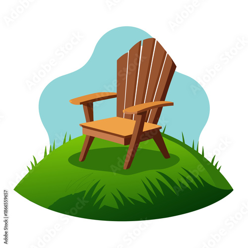 Title: A wooden Adirondack chair with brown slats and armrests placed on a grassy hill with a