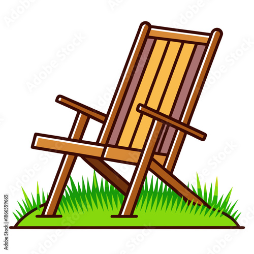 Title: A brown wooden Adirondack chair with a simple and straight backrest sitting on a grassy