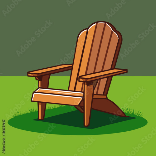 Title: A brown wooden Adirondack chair with vertical slats and curved backrest placed on a green