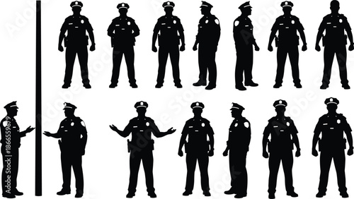 Police officer silhouettes set, law enforcement poses collection, uniformed cop figures, security authority concept, black silhouettes, isolated white background, vector