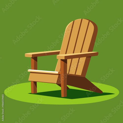 Title: A brown wooden Adirondack chair with vertical slats and curved backrest placed on a green