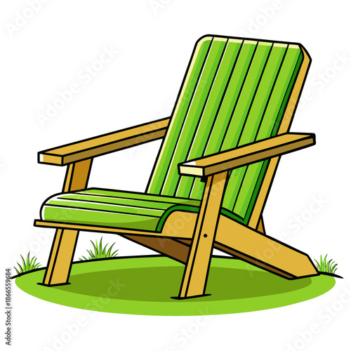Title: A green and brown wooden Adirondack chair with a curved backrest and armrests sitting on a