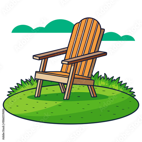 Title: A brown wooden Adirondack chair with vertical slats and curved backrest placed on a green