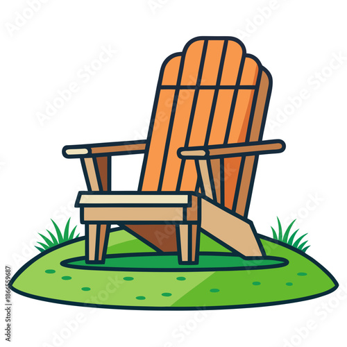 Title: A brown wooden Adirondack chair with vertical slats and curved backrest placed on a green