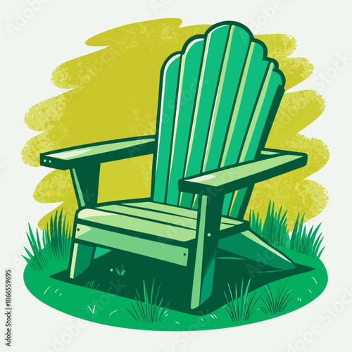 Title: A green wooden Adirondack chair with a curved backrest and armrests sitting on a grassy