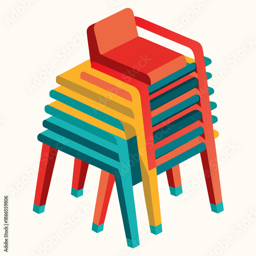 Title: A stack of colorful plastic chairs in red orange yellow green and blue with transparent