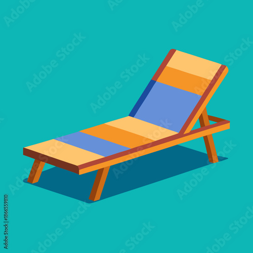 Title: An orange and blue striped deck chair with a reclined backrest and a flat seat