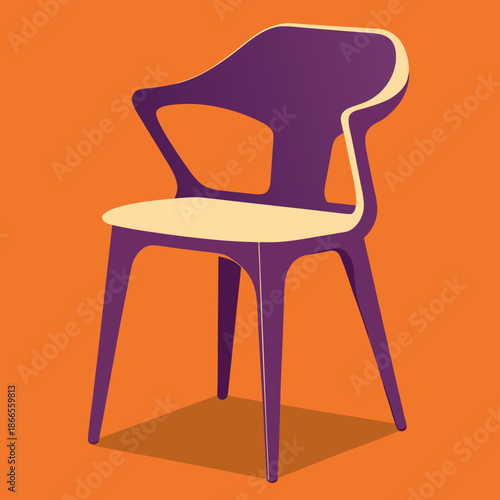 A stylish purple and beige chair with a unique modern and curved backrest on an orange background