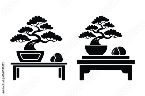 Miniature Bonsai Tree Icons on Traditional Display Tables
