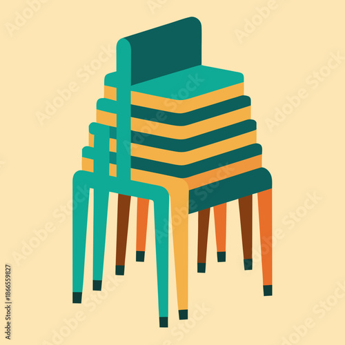Title: A single colorful plastic chair in teal green and orange with a beige background