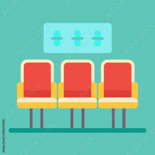Title: Three red and yellow cinema seats with a sign above them on a light blue background