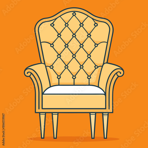 Title: Vintage armchair with beige and orange background featuring tufted backrest and curved