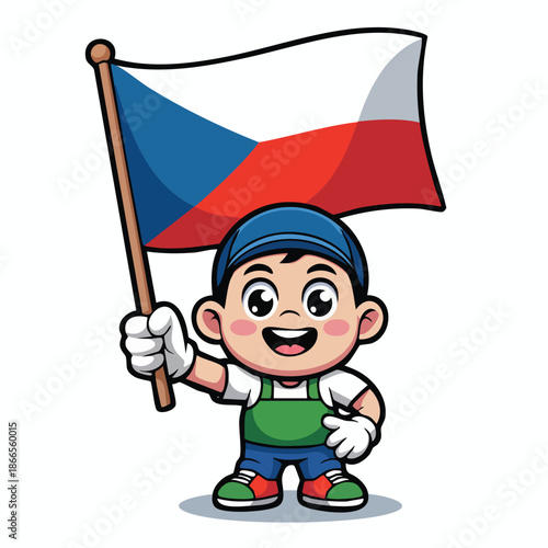 A cheerful cartoon boy proudly waving the national flag of the Czech Republic.