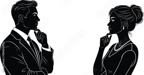 Man and woman thinking silhouette illustration, business conversation concept, profile view couple facing each other, isolated black vector design