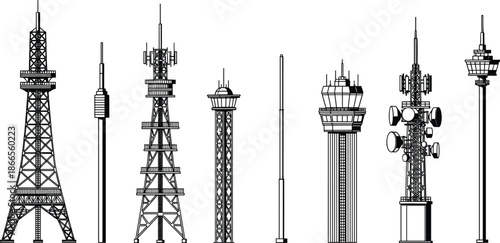 Communication tower silhouettes set, radio television cellular antennas, broadcast transmission structures, isolated black vector illustration collection icons