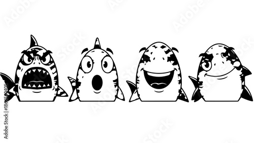 Four cartoon animals expressing different emotions isolated on white background, Vector